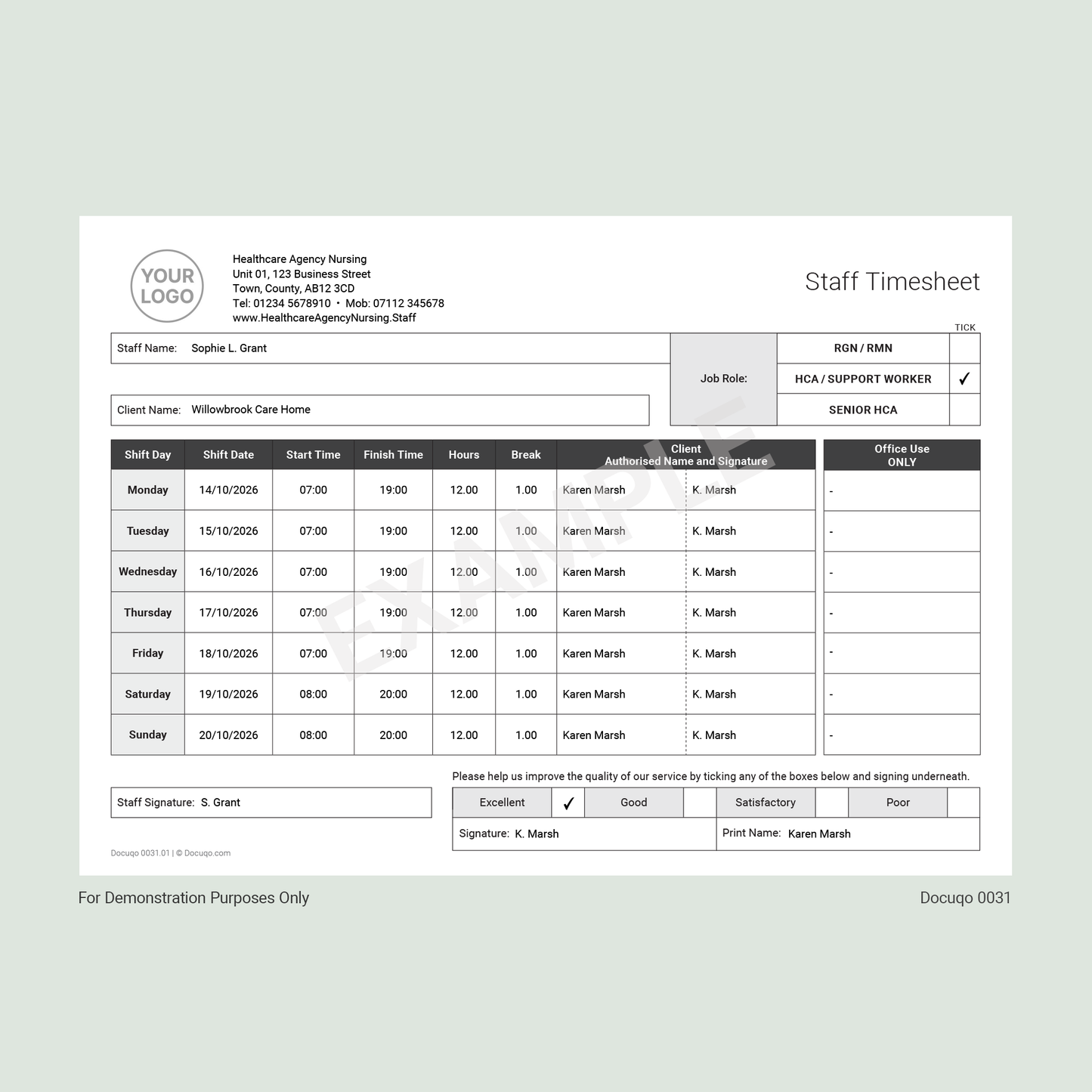 Agency Staff Timesheet (UK, A4 Fillable PDF) – Nursing, Care & Support Worker Template (Docuqo 0031)