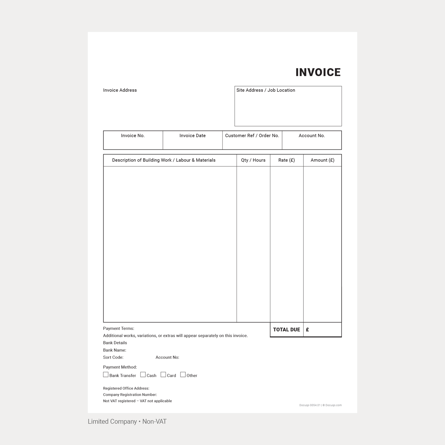 Builder Invoice Complete Pack UK – VAT & Non-VAT A4 Fillable PDFs for Limited Company, Partnership & Sole Trader (Docuqo 0055)