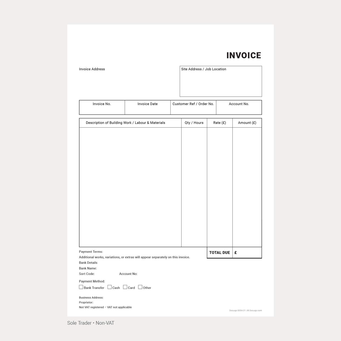 Builder Invoice Complete Pack UK – VAT & Non-VAT A4 Fillable PDFs for Limited Company, Partnership & Sole Trader (Docuqo 0055)