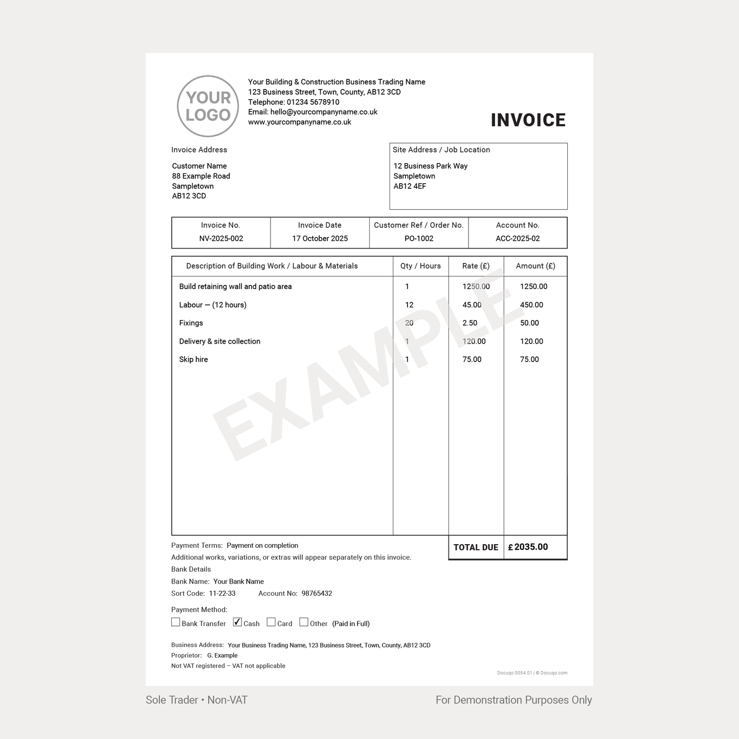 Builder Invoice Complete Pack UK – VAT & Non-VAT A4 Fillable PDFs for Limited Company, Partnership & Sole Trader (Docuqo 0055)