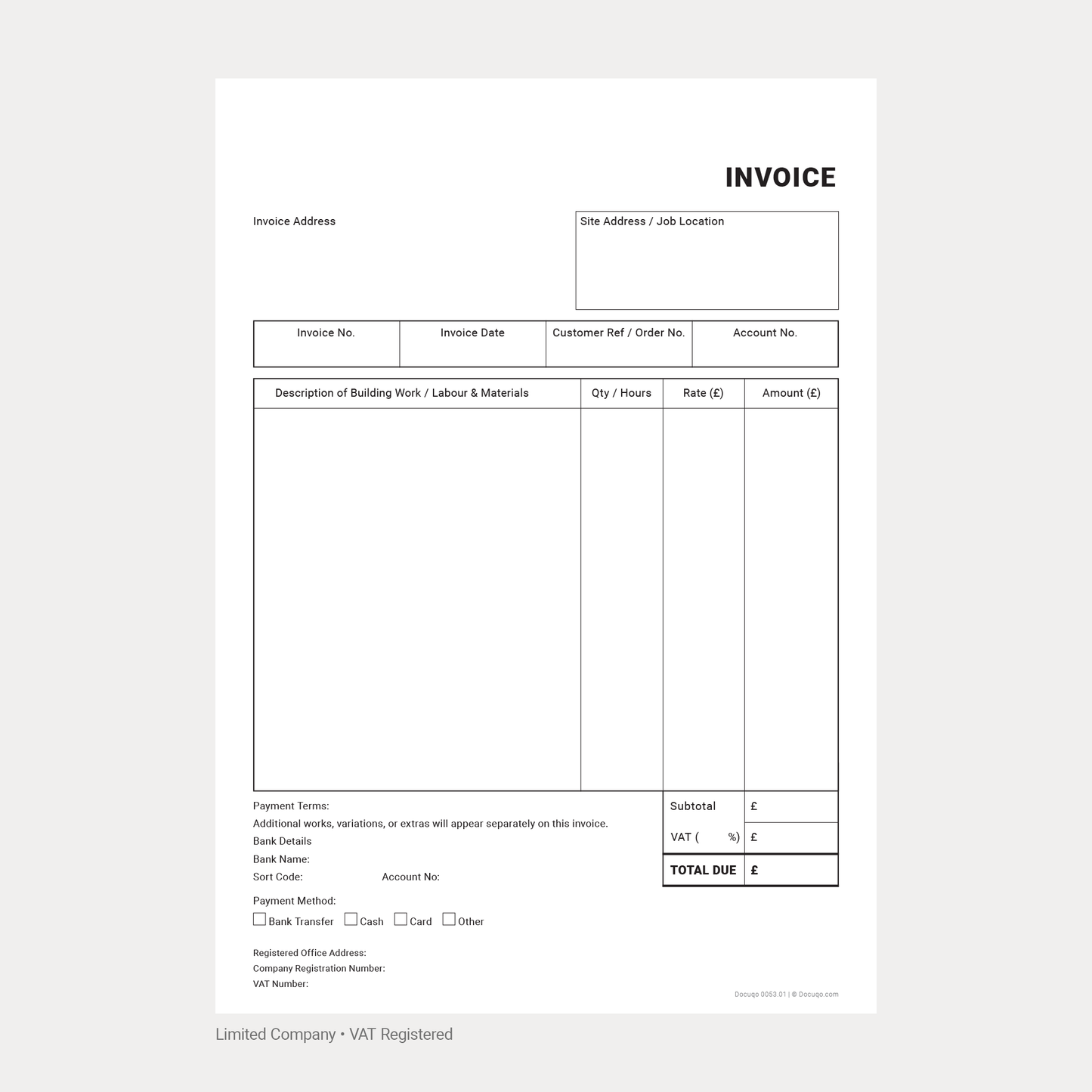 Builder Invoice Complete Pack UK – VAT & Non-VAT A4 Fillable PDFs for Limited Company, Partnership & Sole Trader (Docuqo 0055)