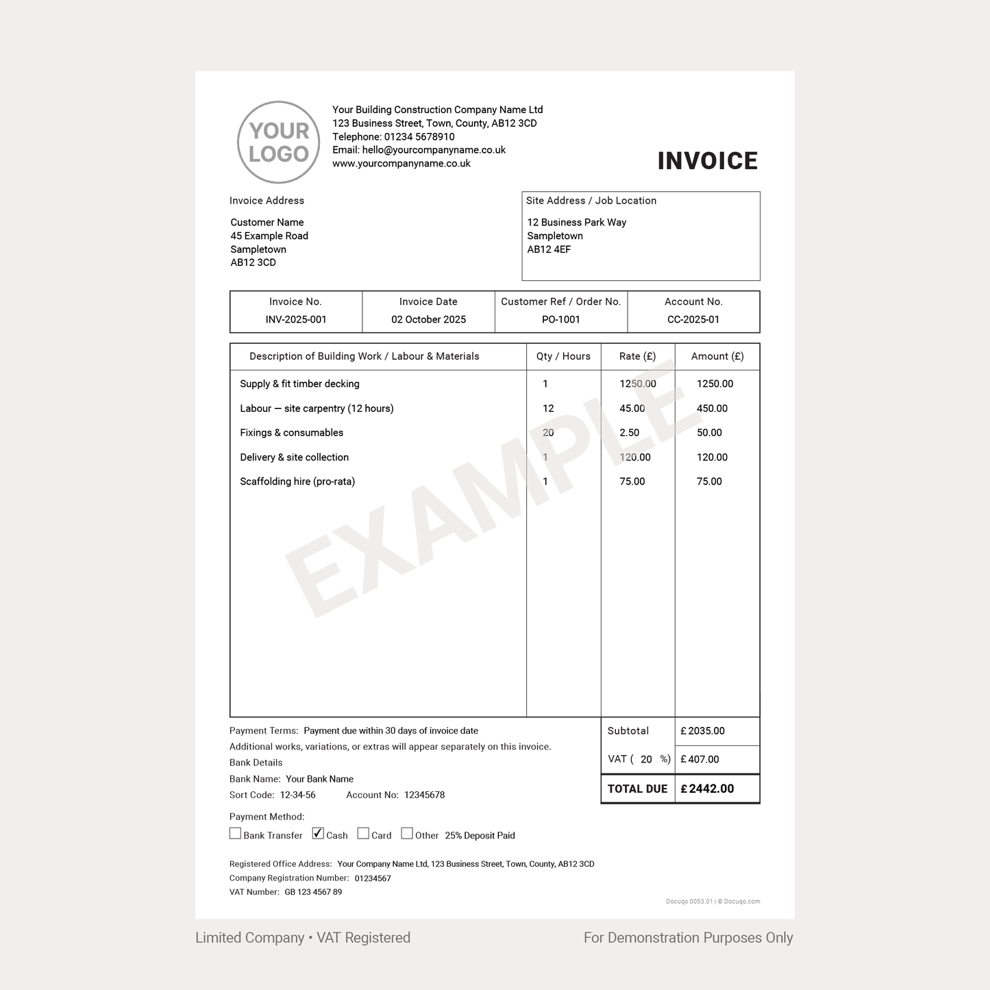 Builder Invoice Complete Pack UK – VAT & Non-VAT A4 Fillable PDFs for Limited Company, Partnership & Sole Trader (Docuqo 0055)