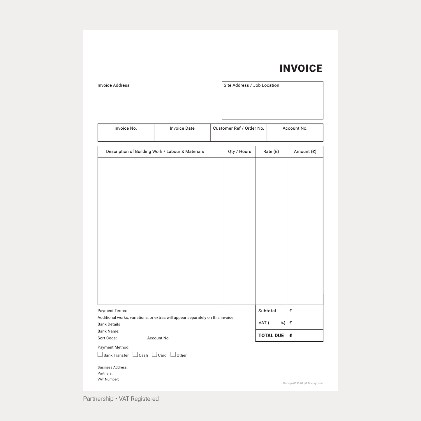 Builder Invoice Complete Pack UK – VAT & Non-VAT A4 Fillable PDFs for Limited Company, Partnership & Sole Trader (Docuqo 0055)