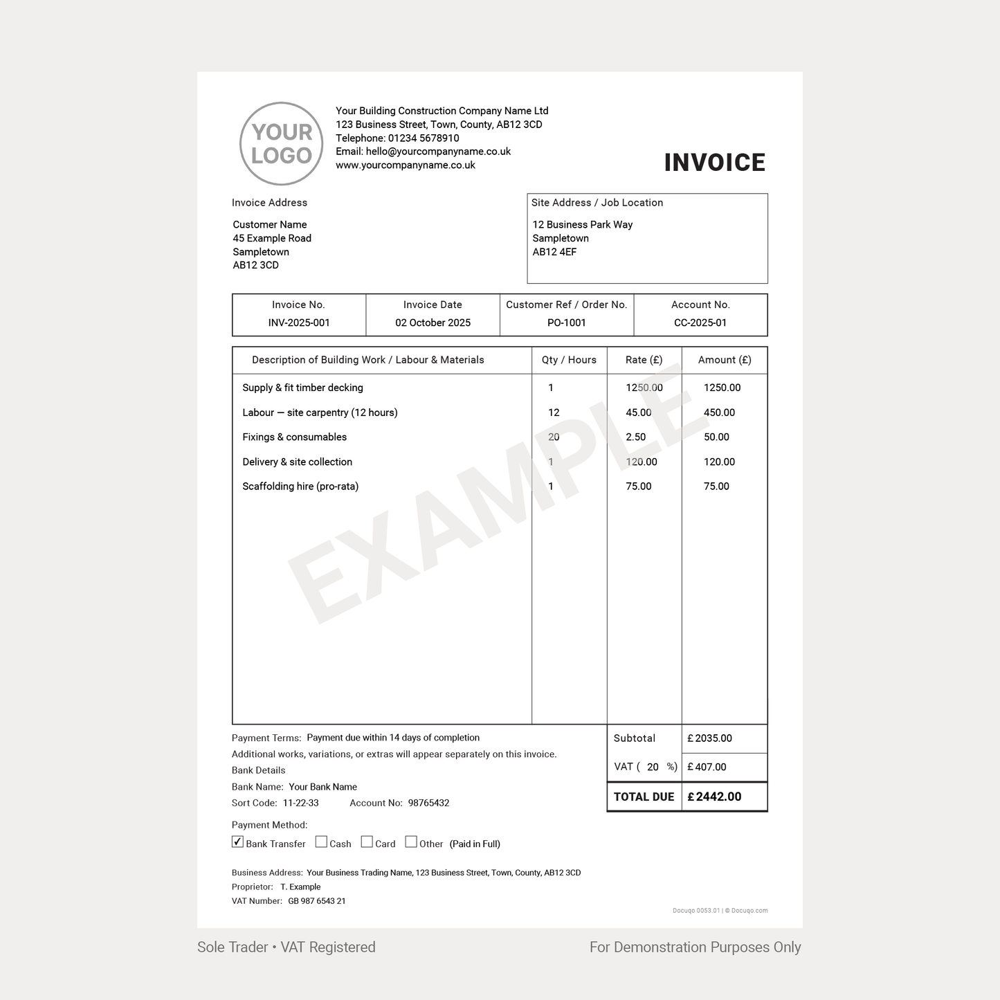 Builder Invoice Complete Pack UK – VAT & Non-VAT A4 Fillable PDFs for Limited Company, Partnership & Sole Trader (Docuqo 0055)