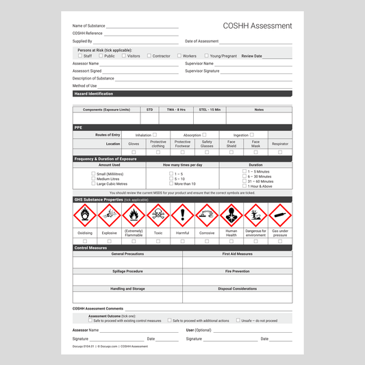 COSHH Assessment Template (UK, A4 Fillable PDF) – Docuqo 0104