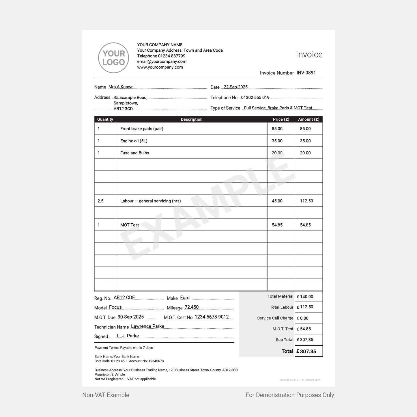 Car Garage Service & MOT Invoice Template – A4 UK Fillable PDF (VAT & Non-VAT) (Docuqo 0021)