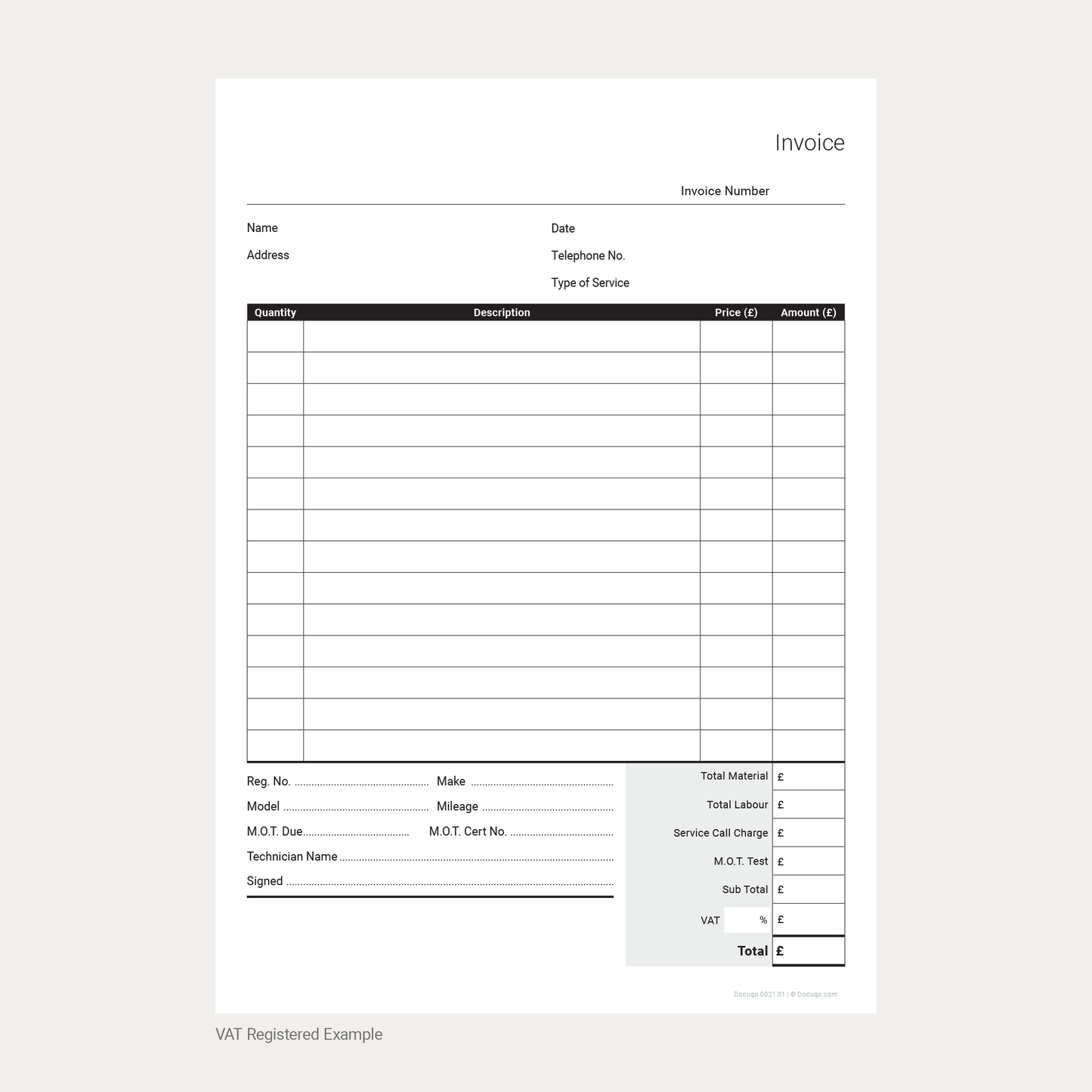 Car Garage Service & MOT Invoice Template – A4 UK Fillable PDF (VAT & Non-VAT) (Docuqo 0021)