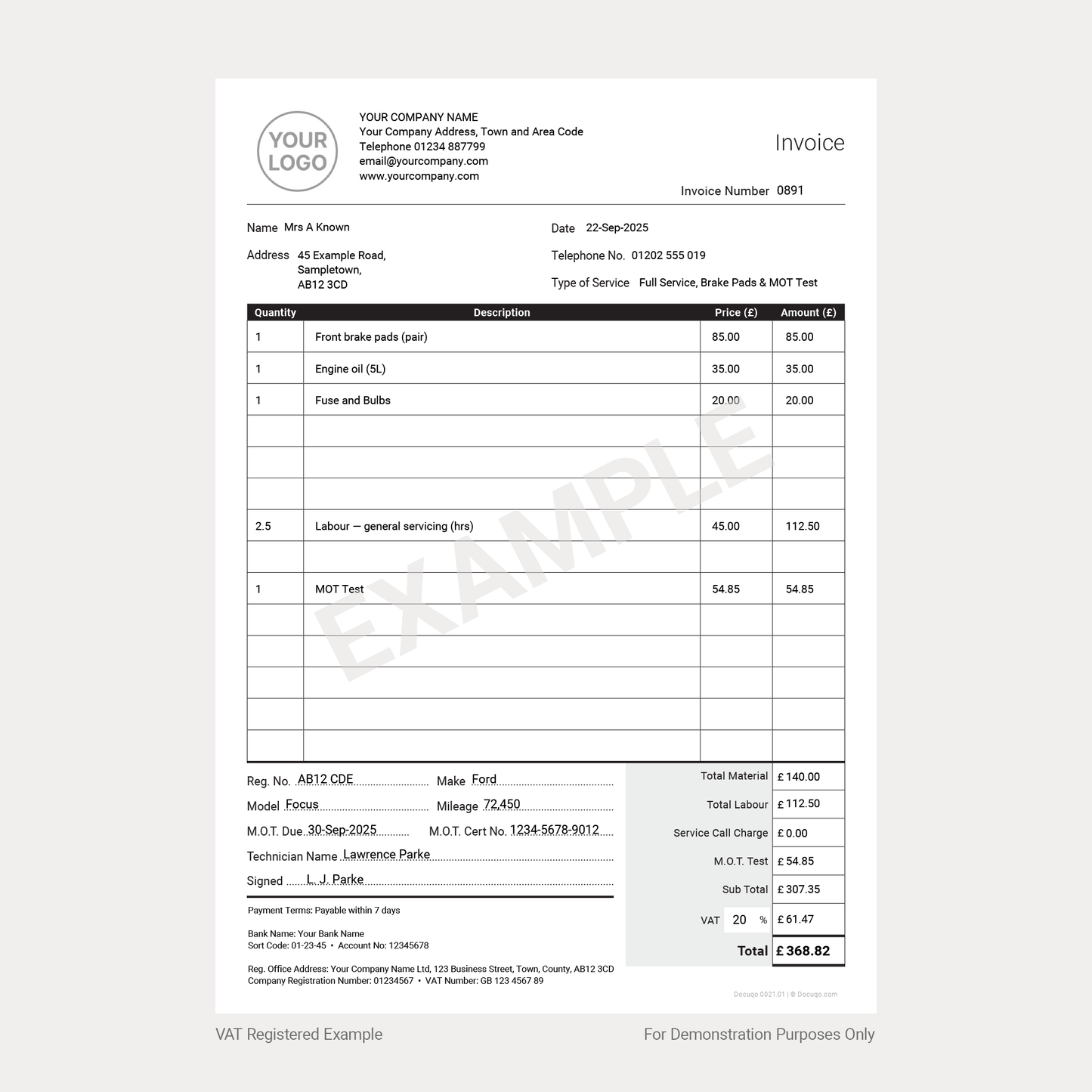 Car Garage Service & MOT Invoice Template – A4 UK Fillable PDF (VAT & Non-VAT) (Docuqo 0021)