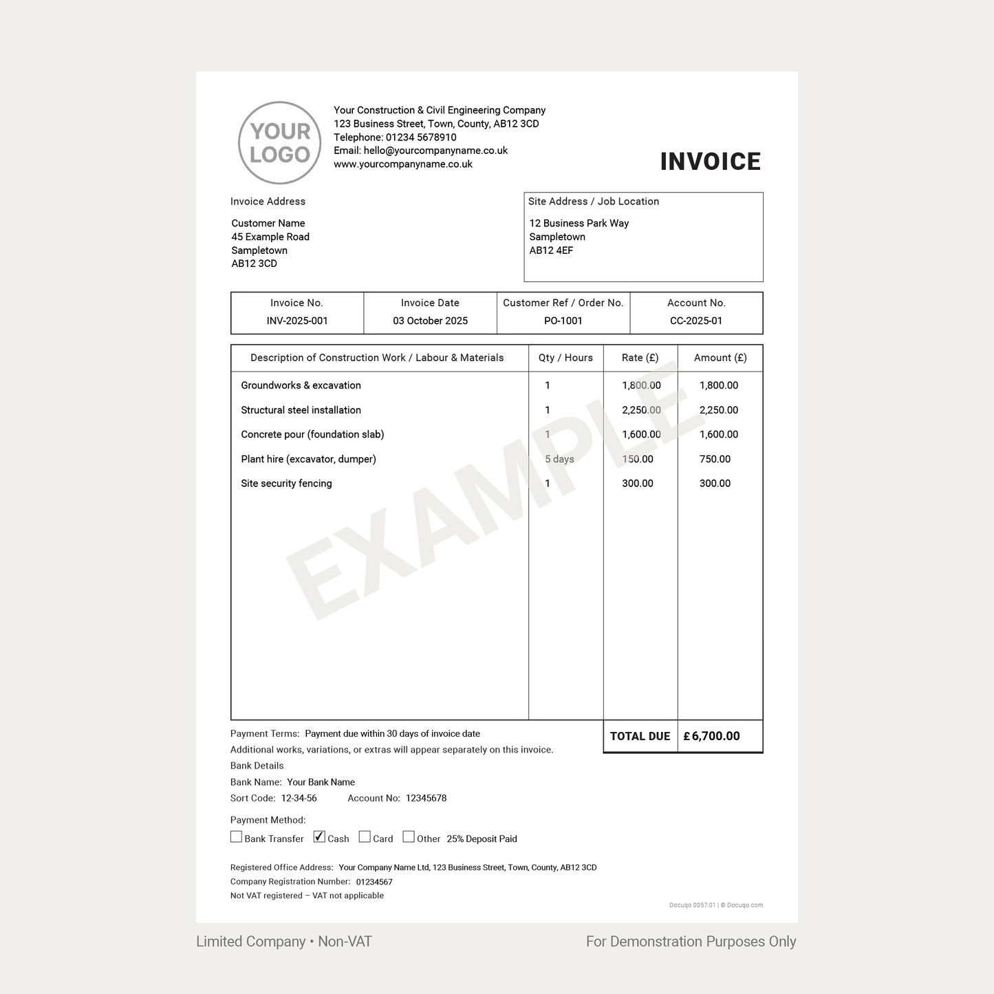 Construction Non-VAT Invoice Template Pack UK – A4 Fillable PDFs for Limited Company, Partnership & Sole Trader (Docuqo 0057)