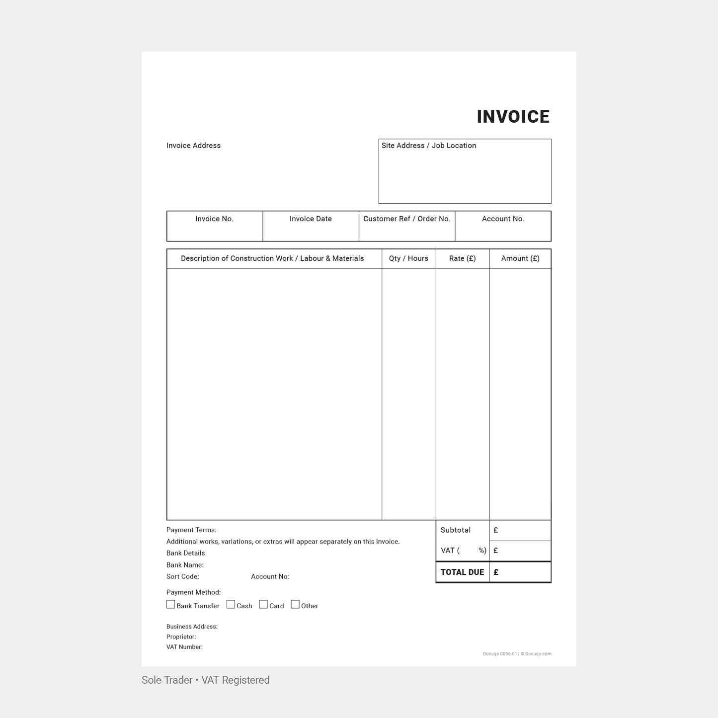 Construction Invoice Template Pack UK – VAT & Non-VAT A4 Fillable PDFs for Limited, Partnership & Sole Trader (Docuqo 0058)