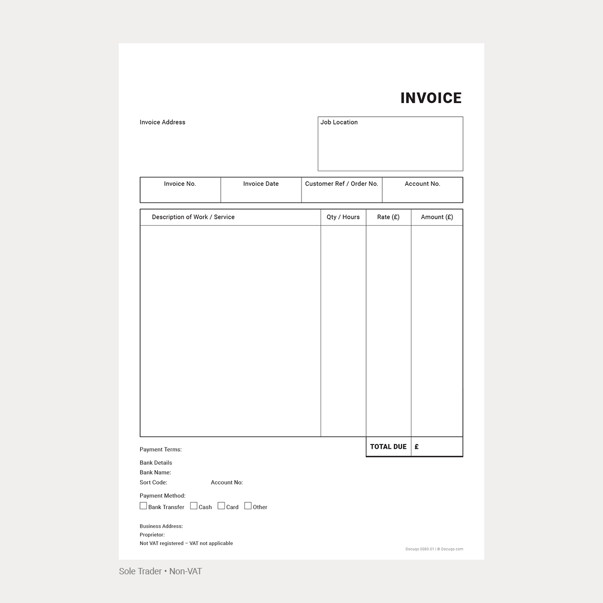 Sole Trader Fillable Contractor Non-VAT Invoice Template – (Docuqo 0080)
