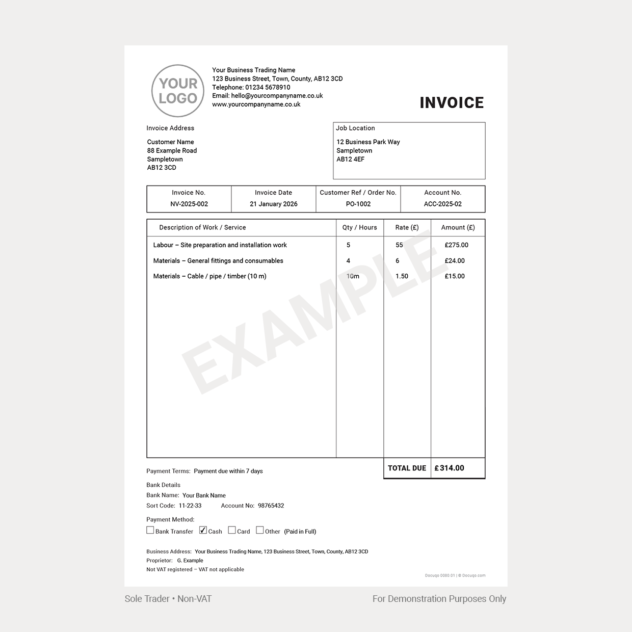 Example Contractor VAT Invoice Template – Sole Trader Layout (Docuqo 0080)