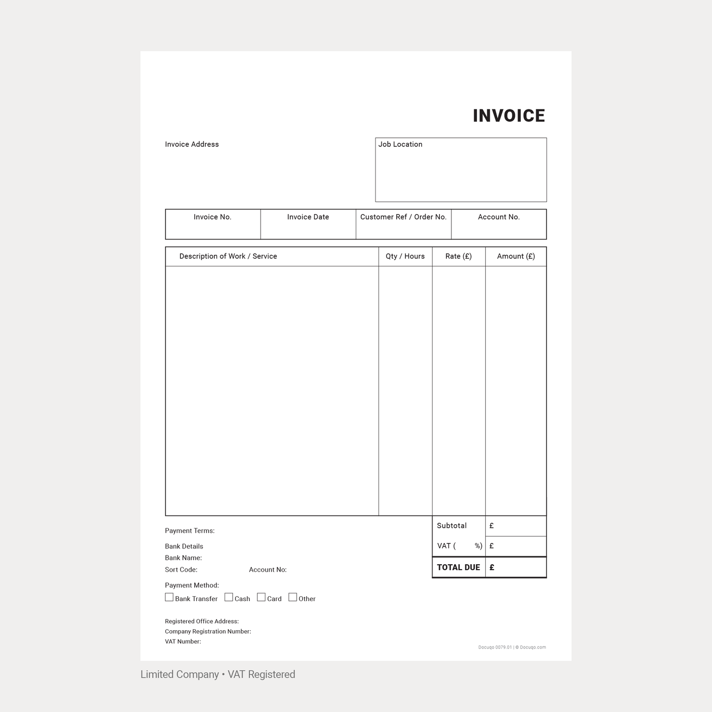 Blank Contractor VAT Invoice Template PDF Download – Limited Company (Docuqo 0080)