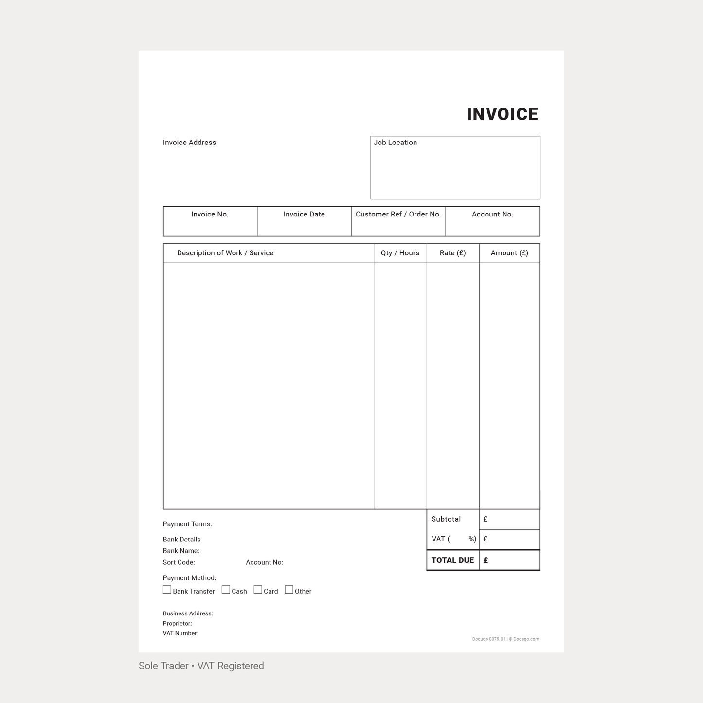Blank Version of Sole Trader VAT Registered Invoice Template PDF for Sole Trader - Download Today (Docuqo 0080)