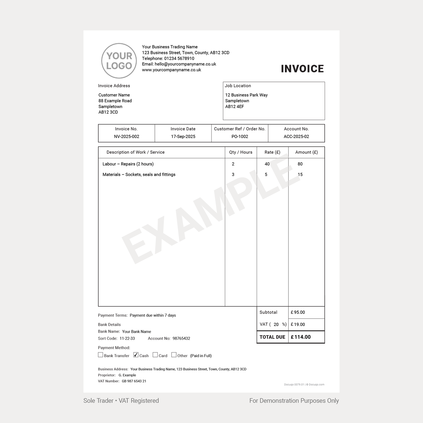 Example Version of Contractor VAT Invoice for Sole Trader Company - Template PDF Download (Docuqo 0080)