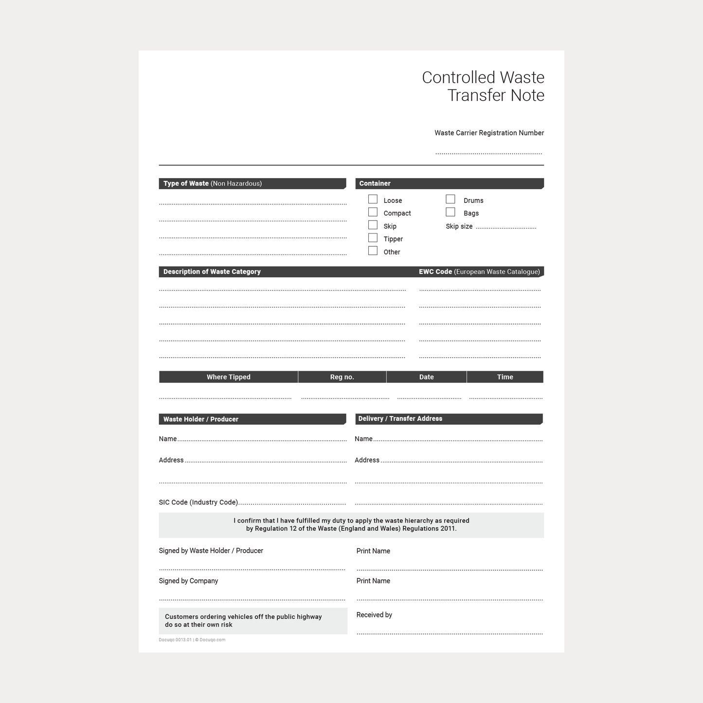 Complete Waste Transfer Note Pack UK – Duty of Care, Controlled & Hazardous Waste A4 Fillable PDFs (Docuqo 0082)