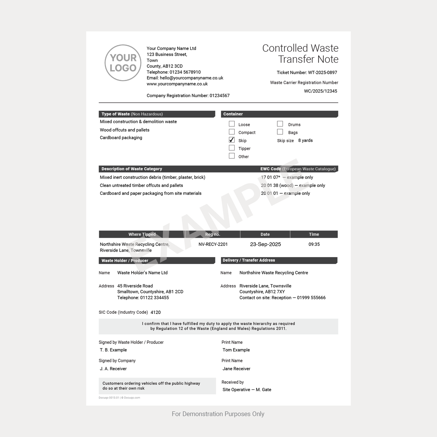 Complete Waste Transfer Note Pack UK – Duty of Care, Controlled & Hazardous Waste A4 Fillable PDFs (Docuqo 0082)