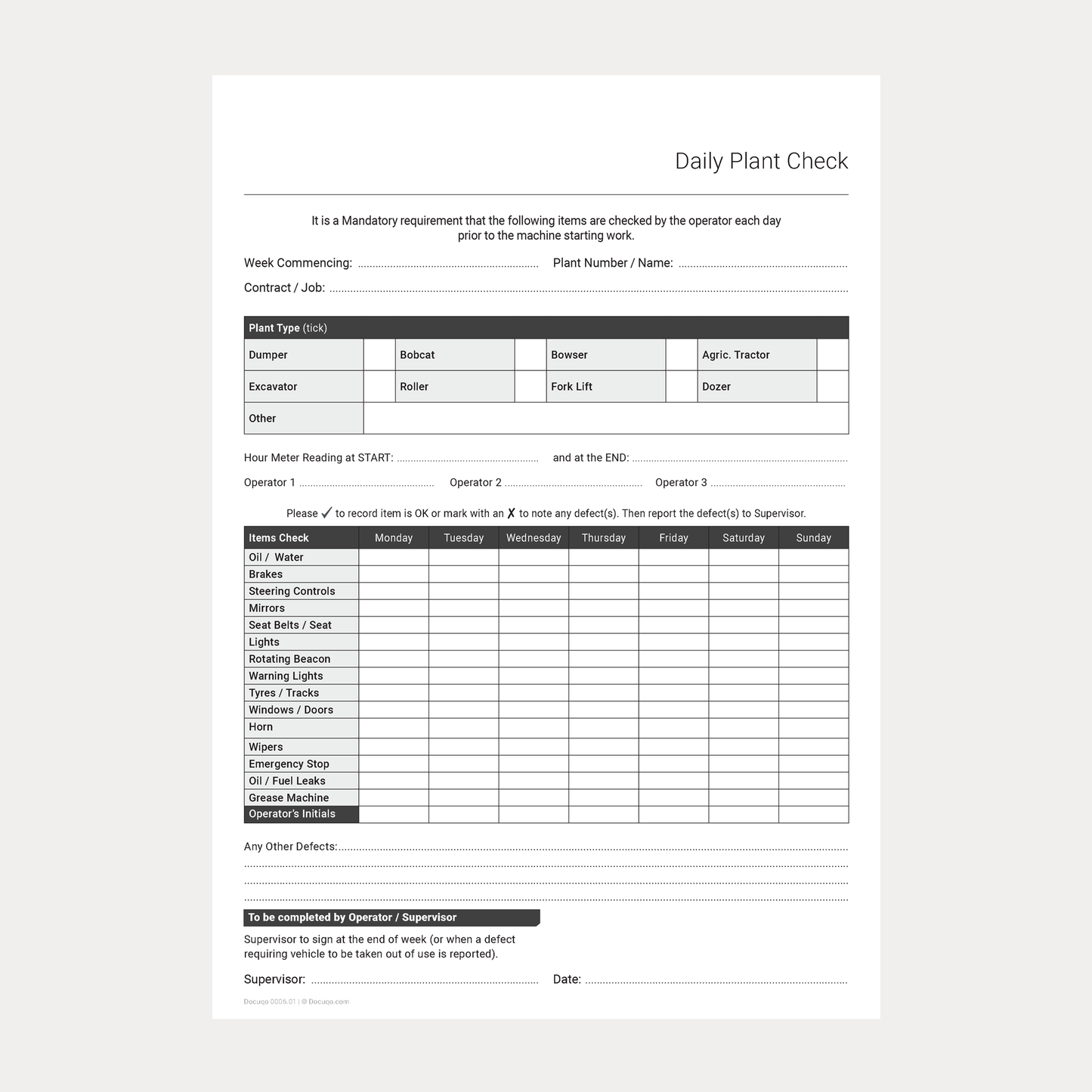 Daily Plant Checklist Template – Fillable PDF A4 Download (Docuqo 0006)