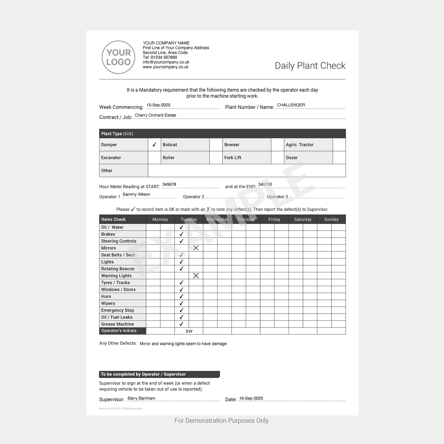Daily Plant Checklist Template – Fillable PDF A4 Download (Docuqo 0006)