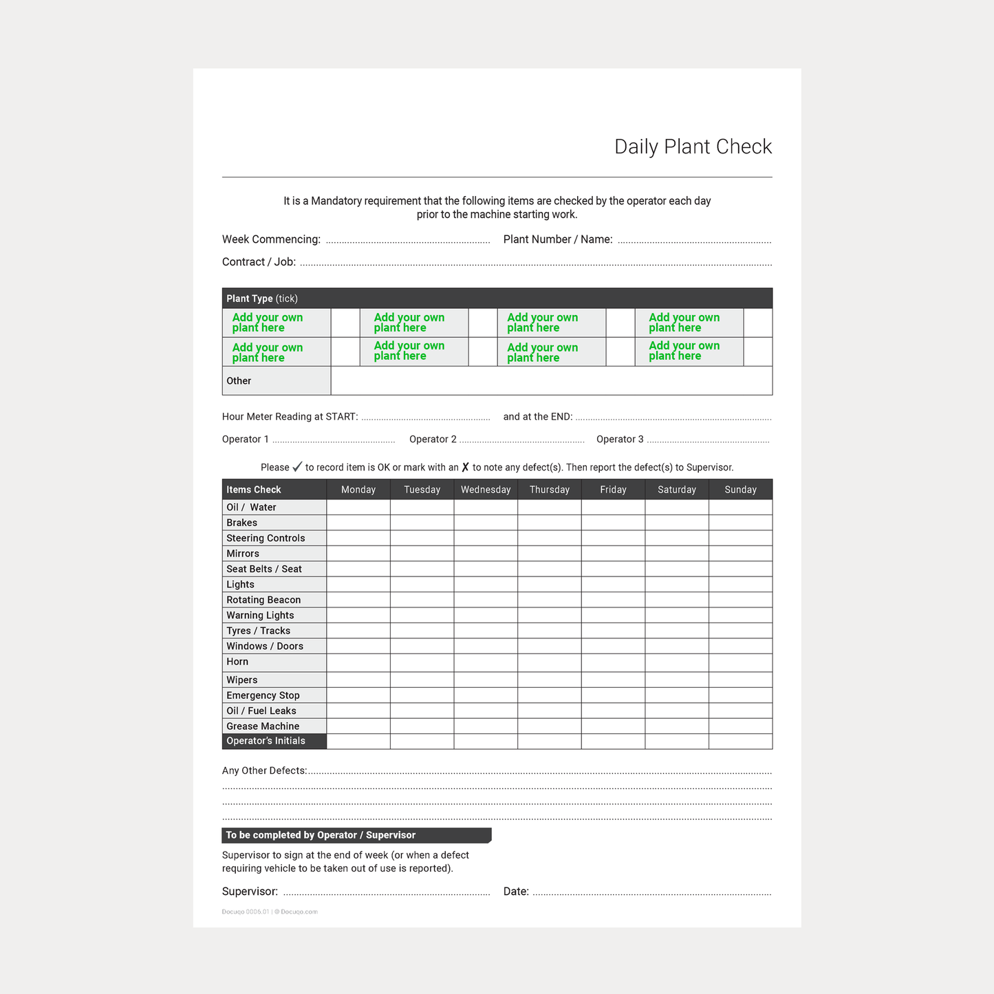 Daily Plant Checklist Template – Fillable PDF A4 Download (Docuqo 0006)