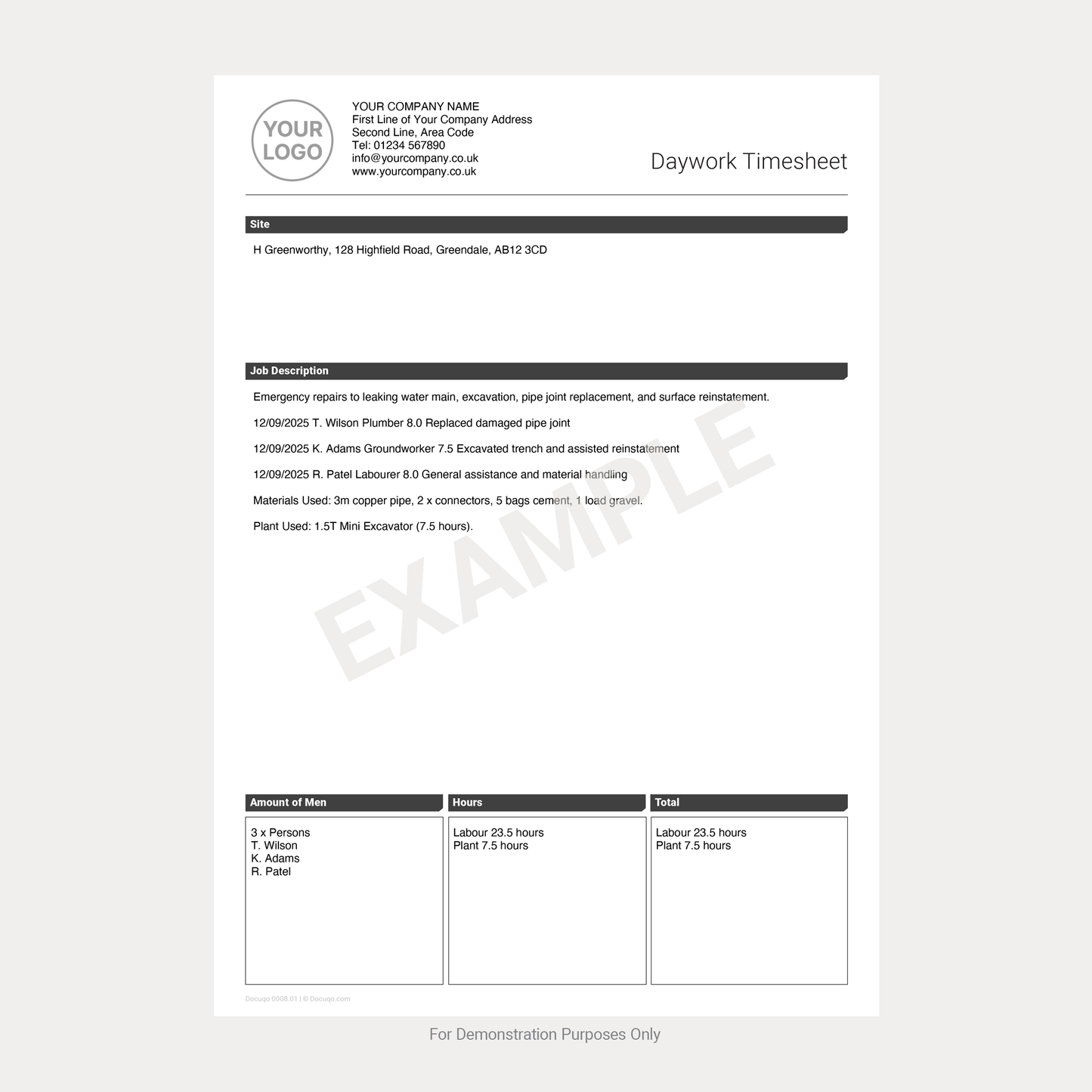 Daywork Timesheet Template – Fillable PDF A4 Download (Docuqo 0008)