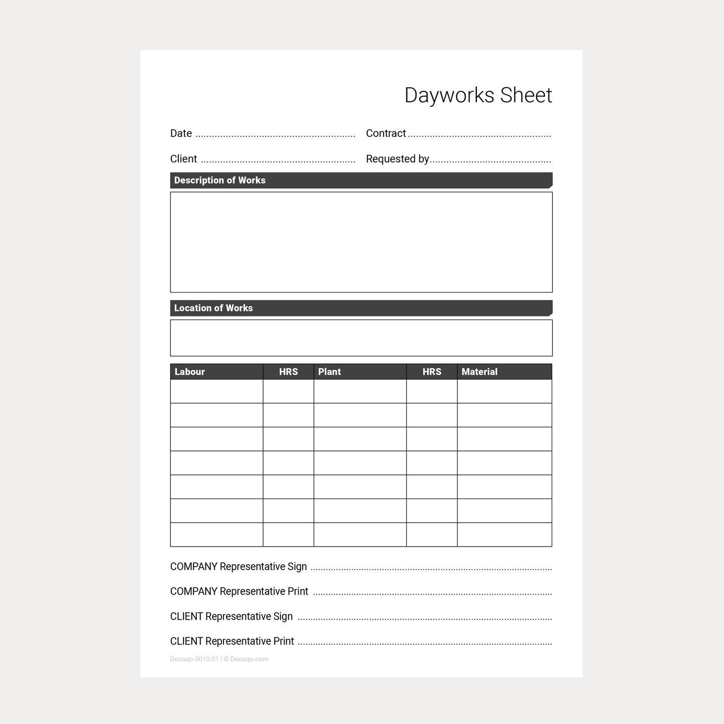 Blank Dayworks Sheet PDF template for printing and handwriting – Docuqo 0010