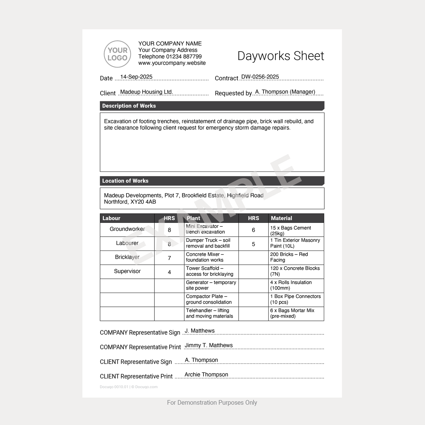 Completed Fillable Dayworks Sheet example showing labour, plant, materials, and site details – Docuqo 0010
