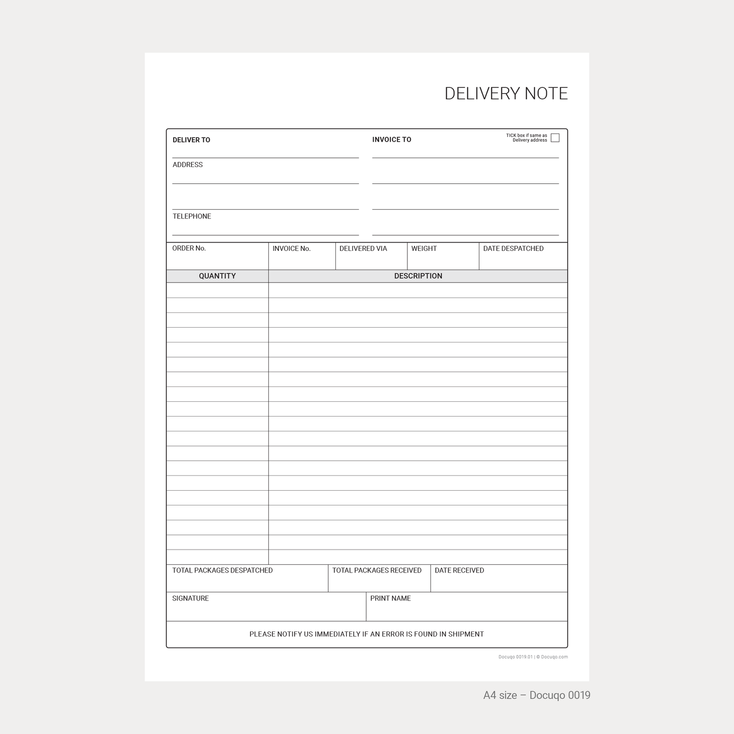 Professional delivery note template in A4 size. Editable, fillable PDF for recording shipments. Instant download.
