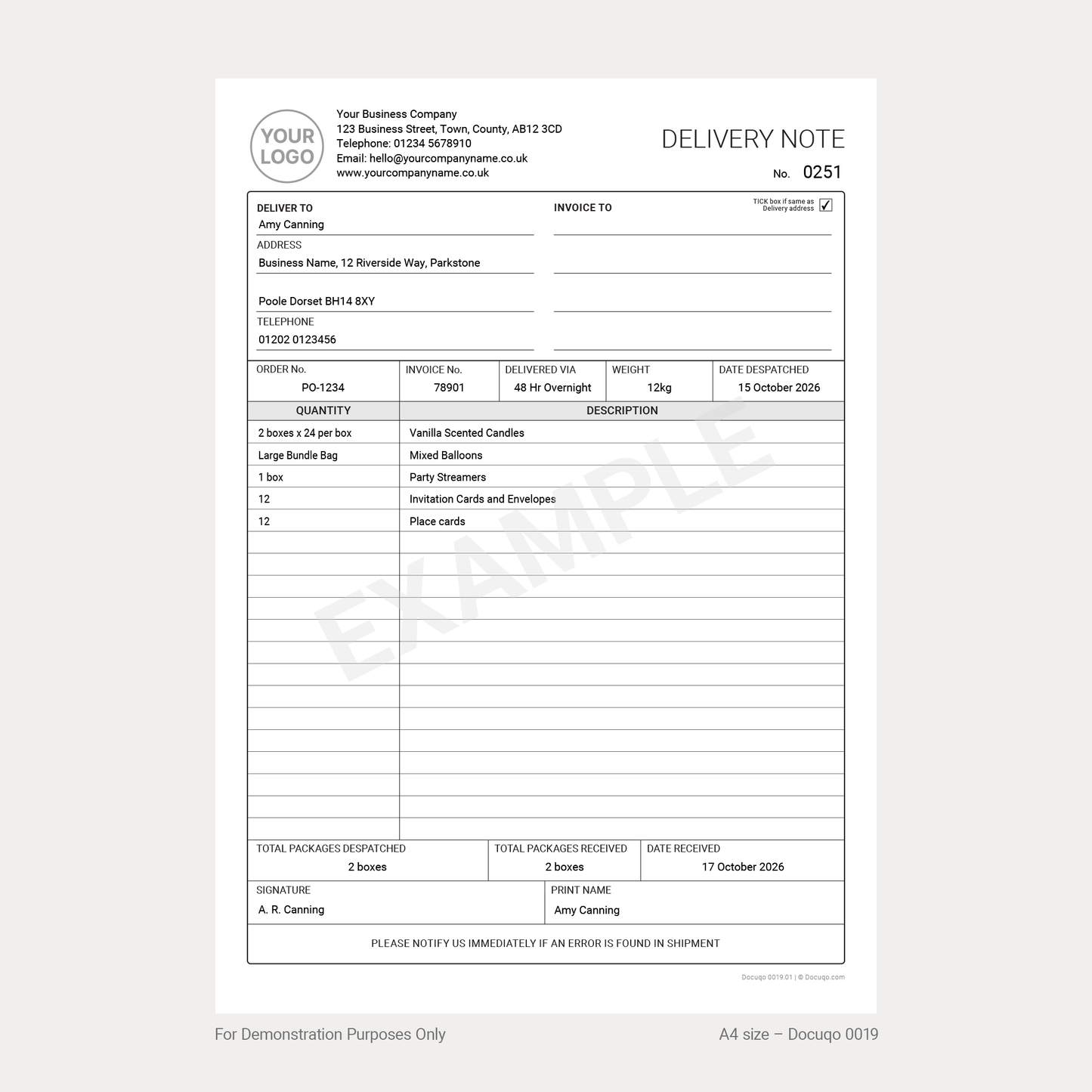 Professional delivery note template in UK A4 size. Editable, fillable PDF TEMPLATE for recording customer deliveries. Instant download.