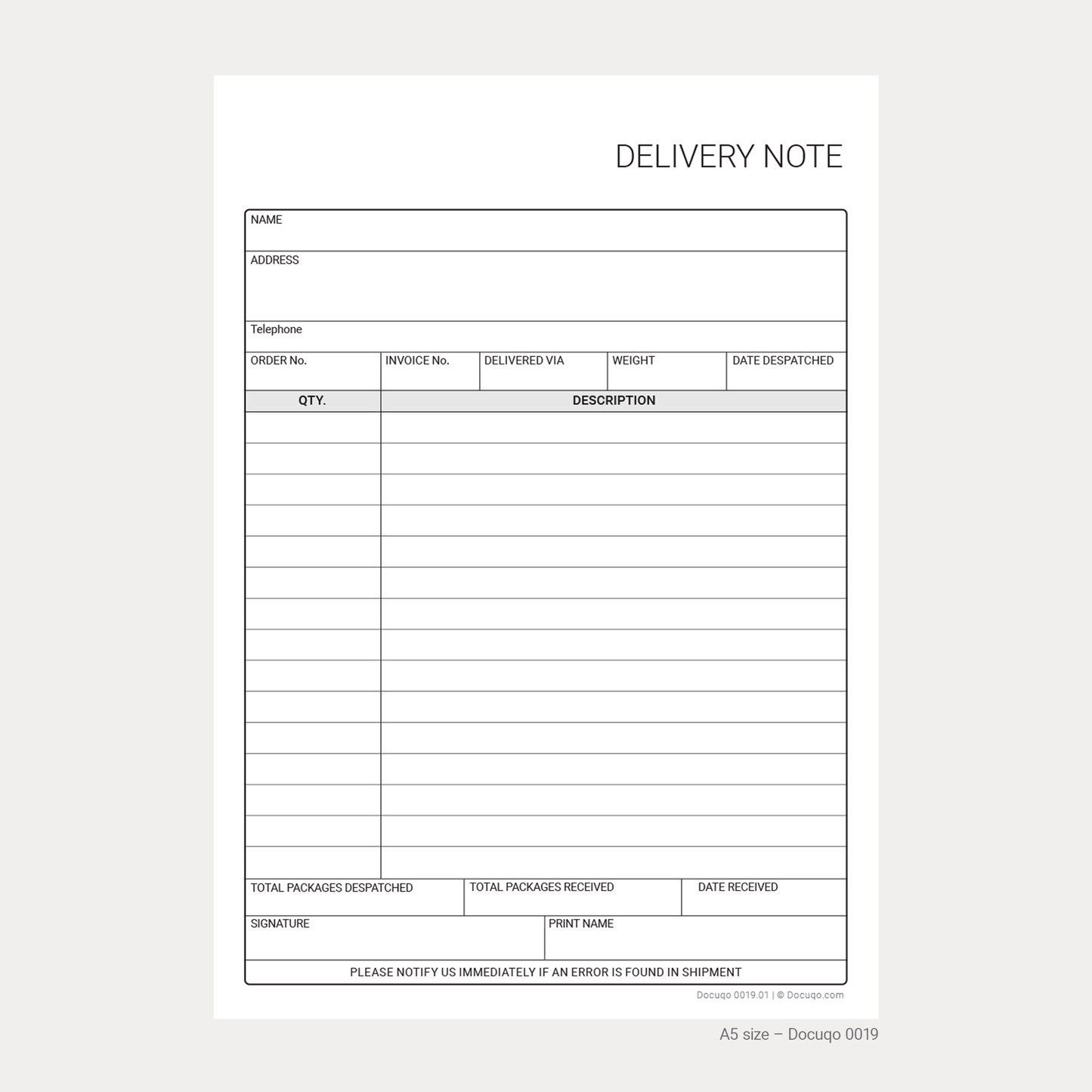 A5 UK delivery note template PDF for recording customer deliveries. Easy, fast download.