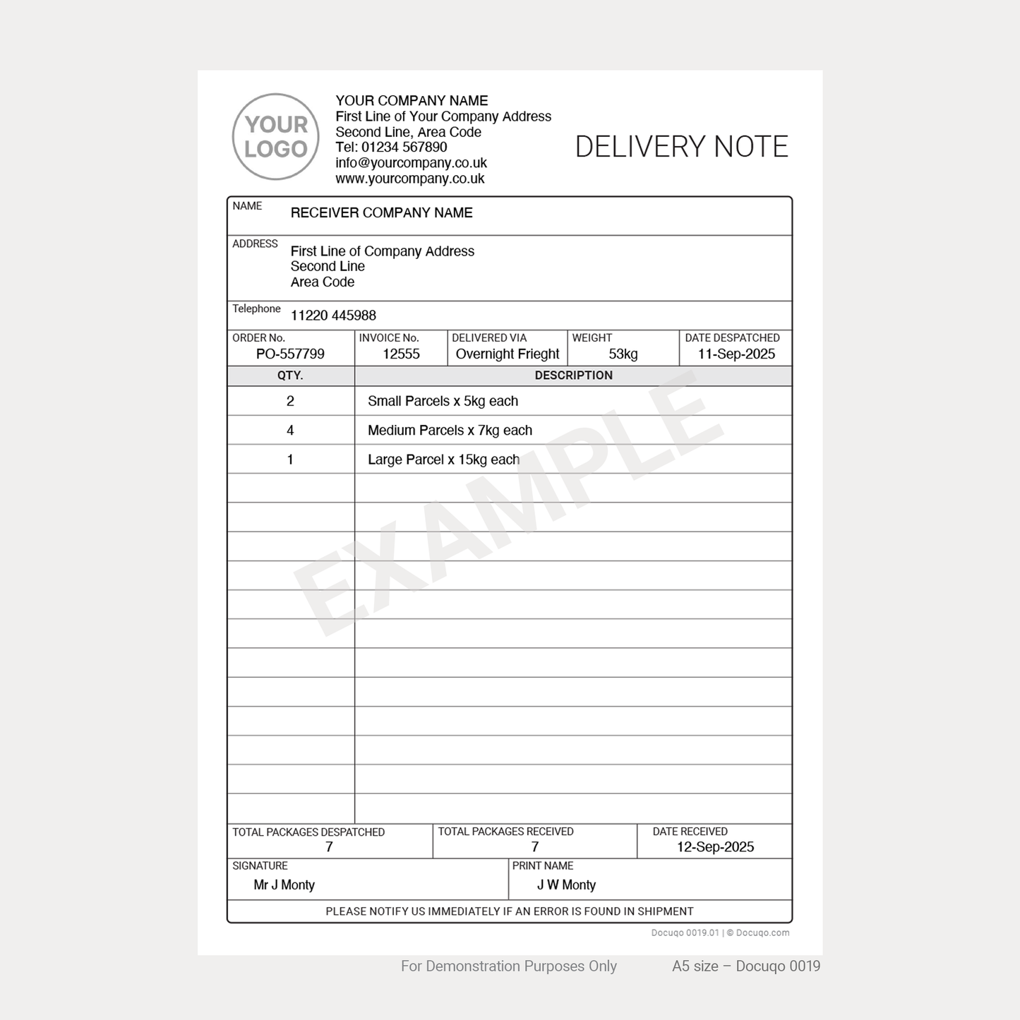 Fill out on screen delivery note PDF for recording deliveries. Instant download. A5 UK size.