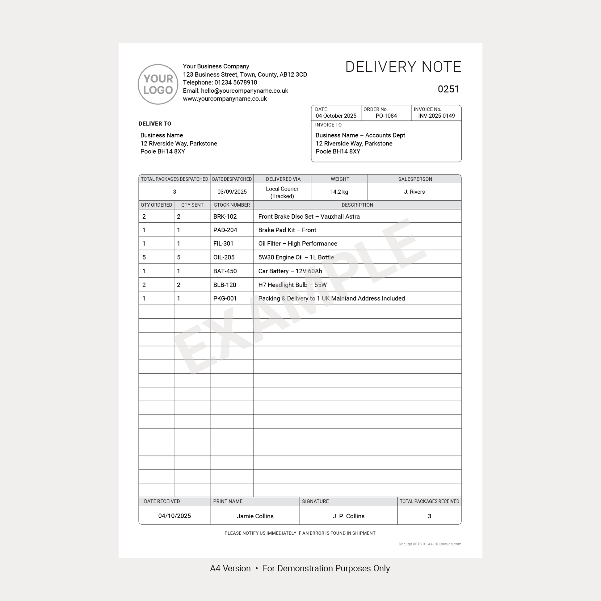 Delivery Note Template PDF A4 Example – Product Shipment Form (Docuqo 0018)