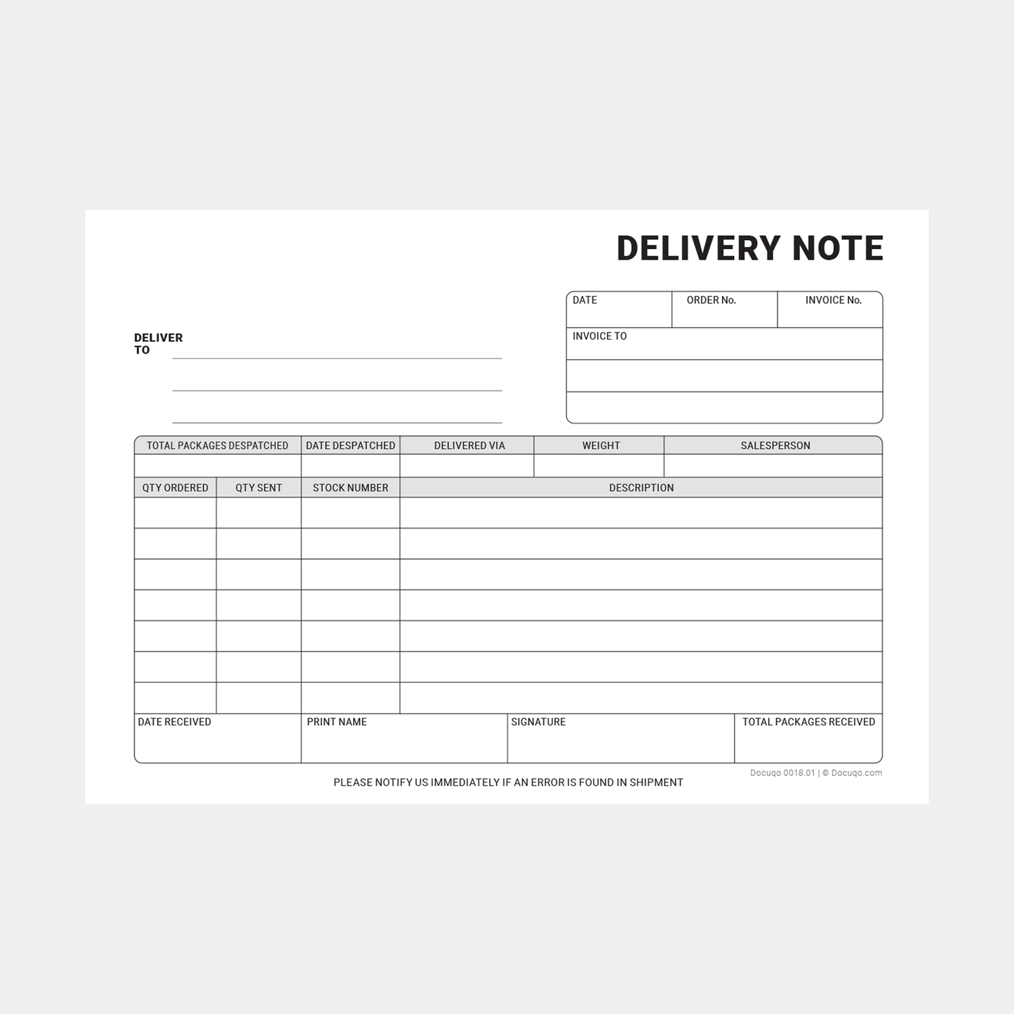 Blank Fillable A5 Delivery Note PDF form with editable fields – Docuqo 0018