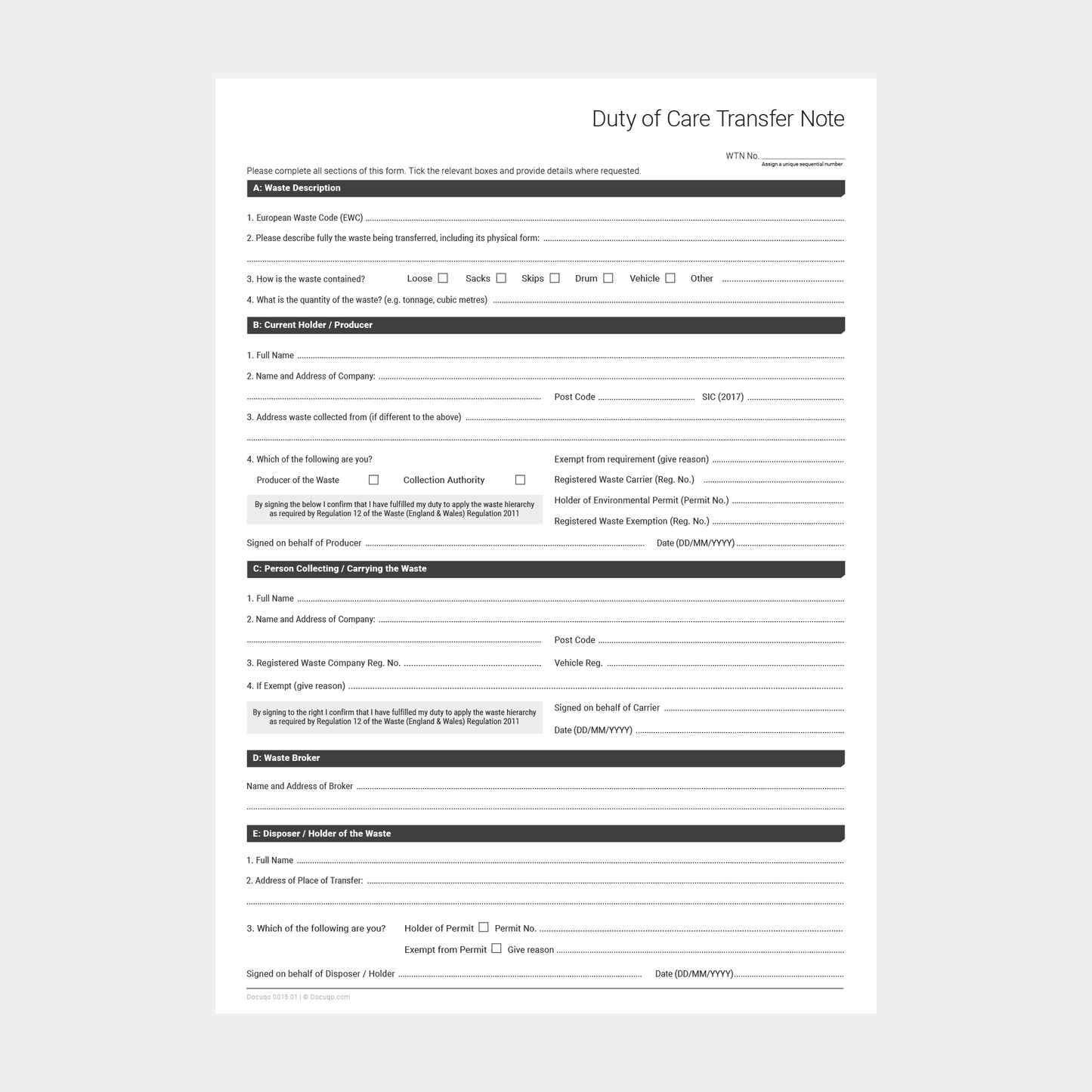Complete Waste Transfer Note Pack UK – Duty of Care, Controlled & Hazardous Waste A4 Fillable PDFs (Docuqo 0082)