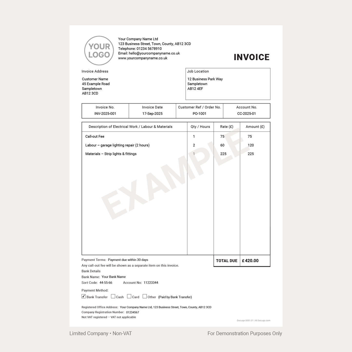 Electrician Invoice Complete Pack UK – VAT & Non-VAT A4 Fillable PDFs for Ltd, Partnership & Sole Trader (Docuqo 0052)