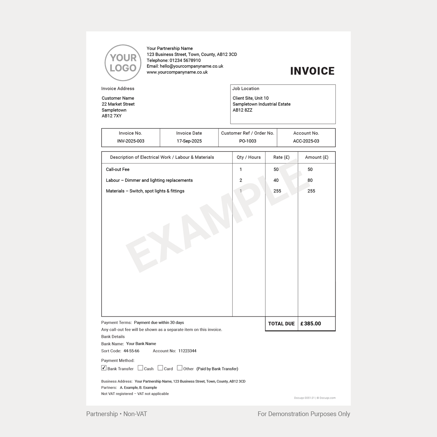 Electrician Invoice Complete Pack UK – VAT & Non-VAT A4 Fillable PDFs for Ltd, Partnership & Sole Trader (Docuqo 0052)