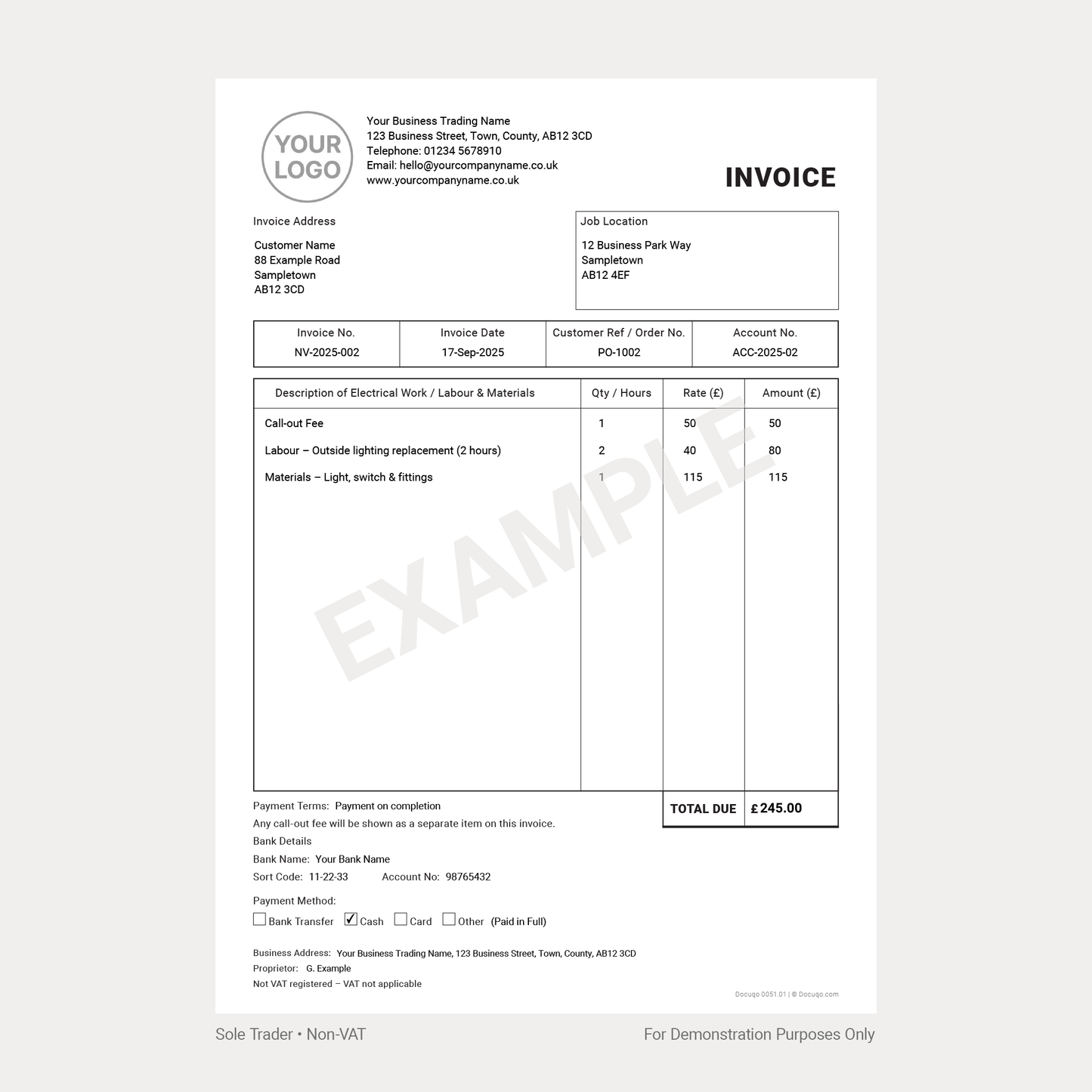 Electrician Invoice Complete Pack UK – VAT & Non-VAT A4 Fillable PDFs for Ltd, Partnership & Sole Trader (Docuqo 0052)