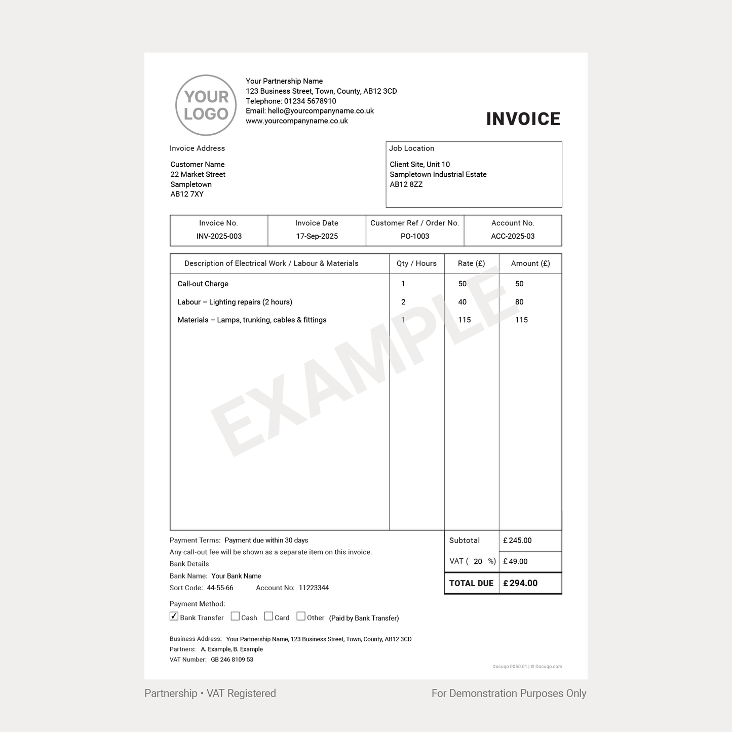 Electrician Invoice Complete Pack UK – VAT & Non-VAT A4 Fillable PDFs for Ltd, Partnership & Sole Trader (Docuqo 0052)