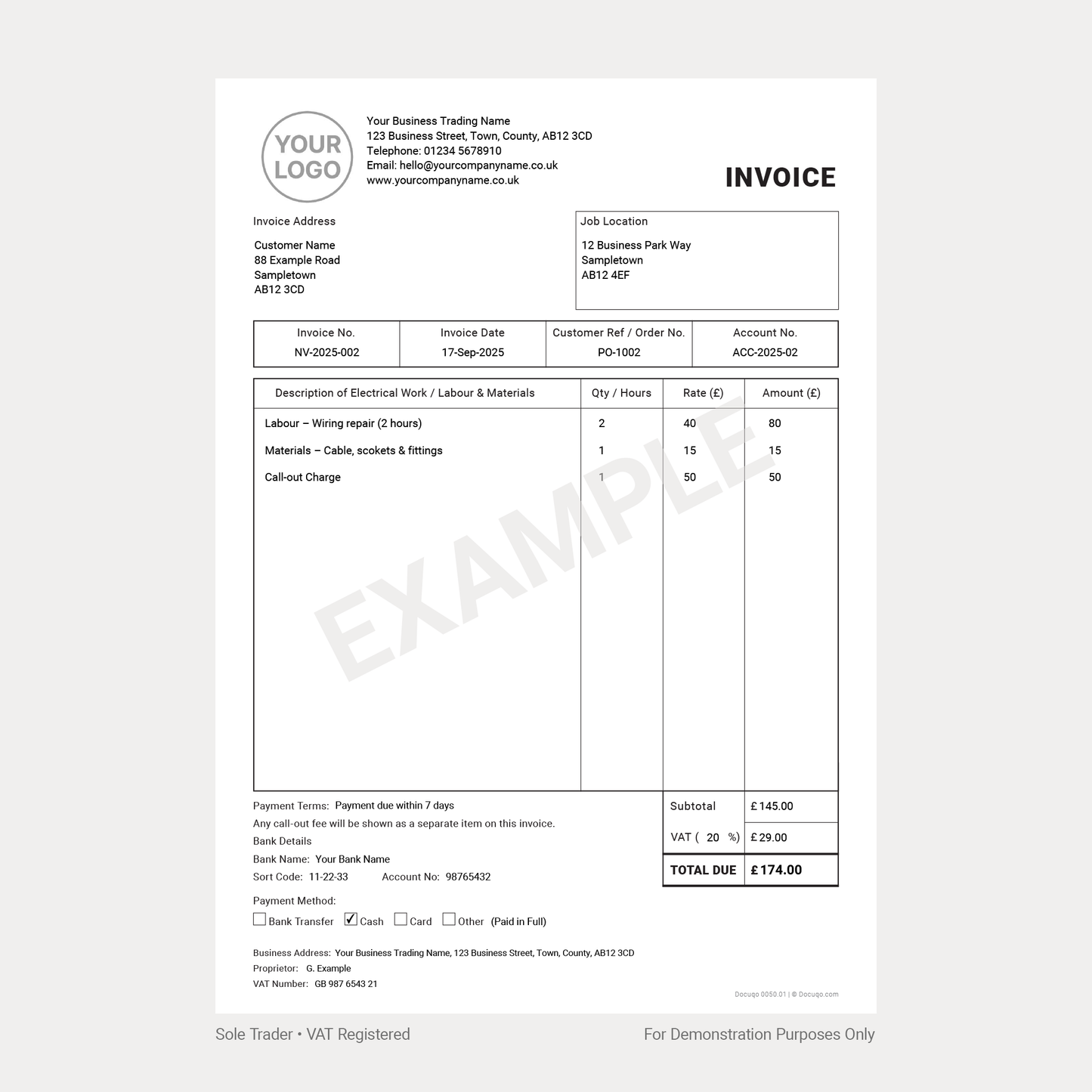 Electrician Invoice Complete Pack UK – VAT & Non-VAT A4 Fillable PDFs for Ltd, Partnership & Sole Trader (Docuqo 0052)