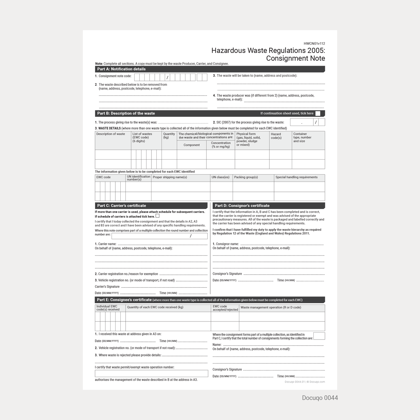 Complete Waste Transfer Note Pack UK – Duty of Care, Controlled & Hazardous Waste A4 Fillable PDFs (Docuqo 0082)