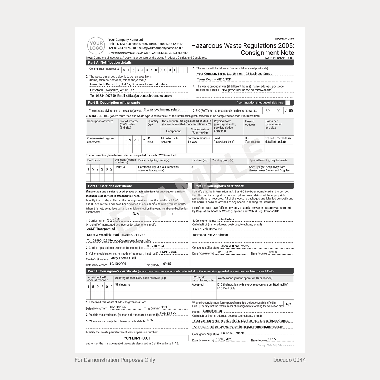 Hazardous Waste Consignment Note HWCN01v112 (UK, A4 Fillable PDF) – Styled from the Official UK Government Example Template (Docuqo 0044)