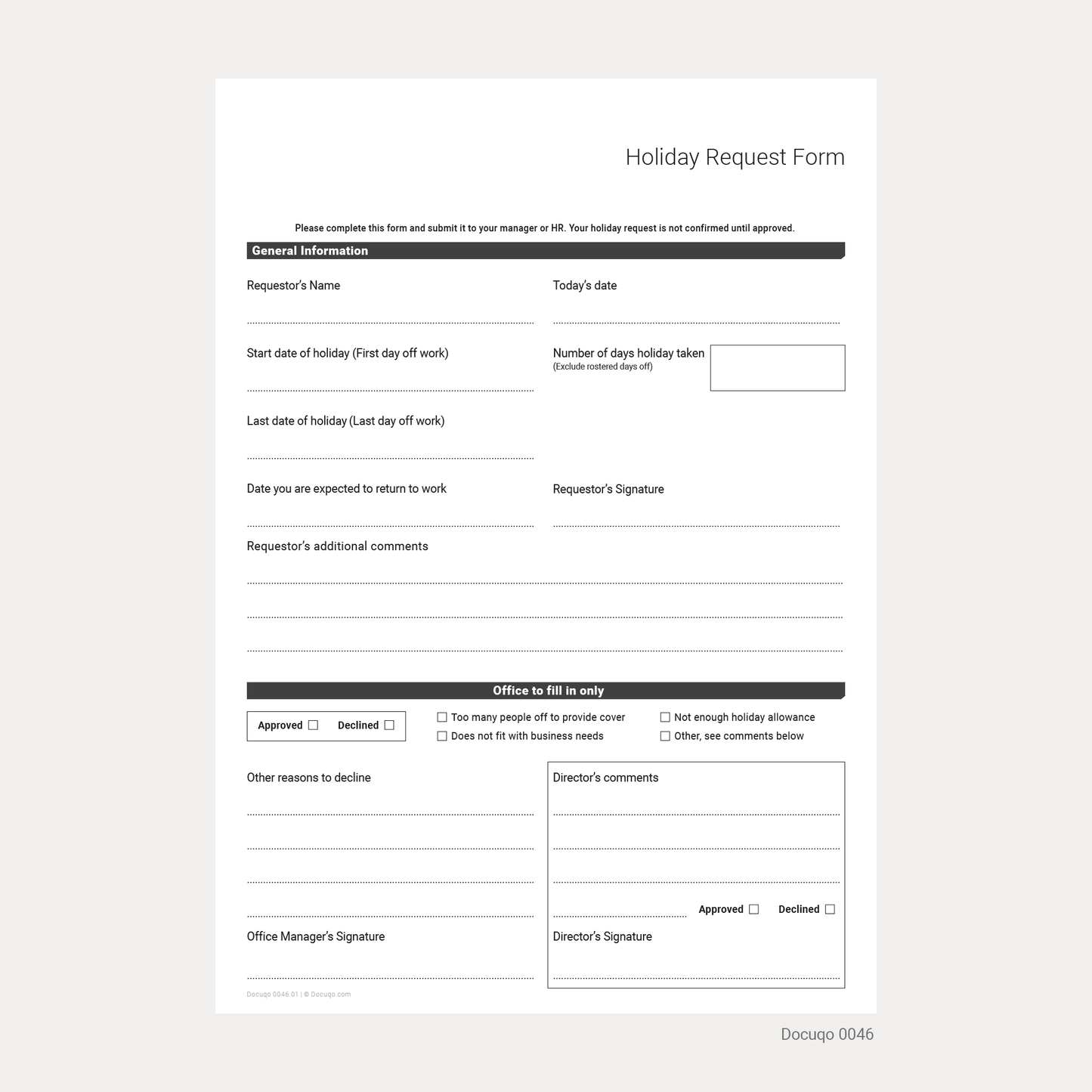 Blank Holiday Request Form Template for UK Businesses (Docuqo 0046)