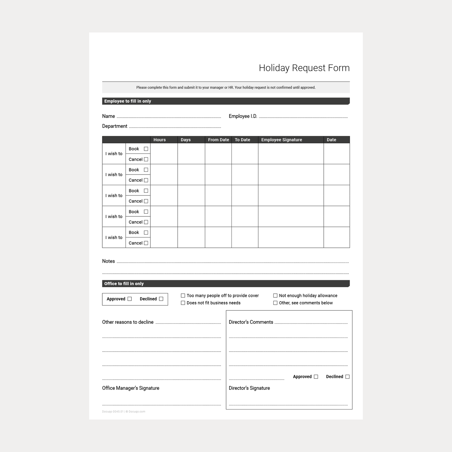 Holiday Request Form UK, A4 Fillable PDF Blank Employee Leave Template