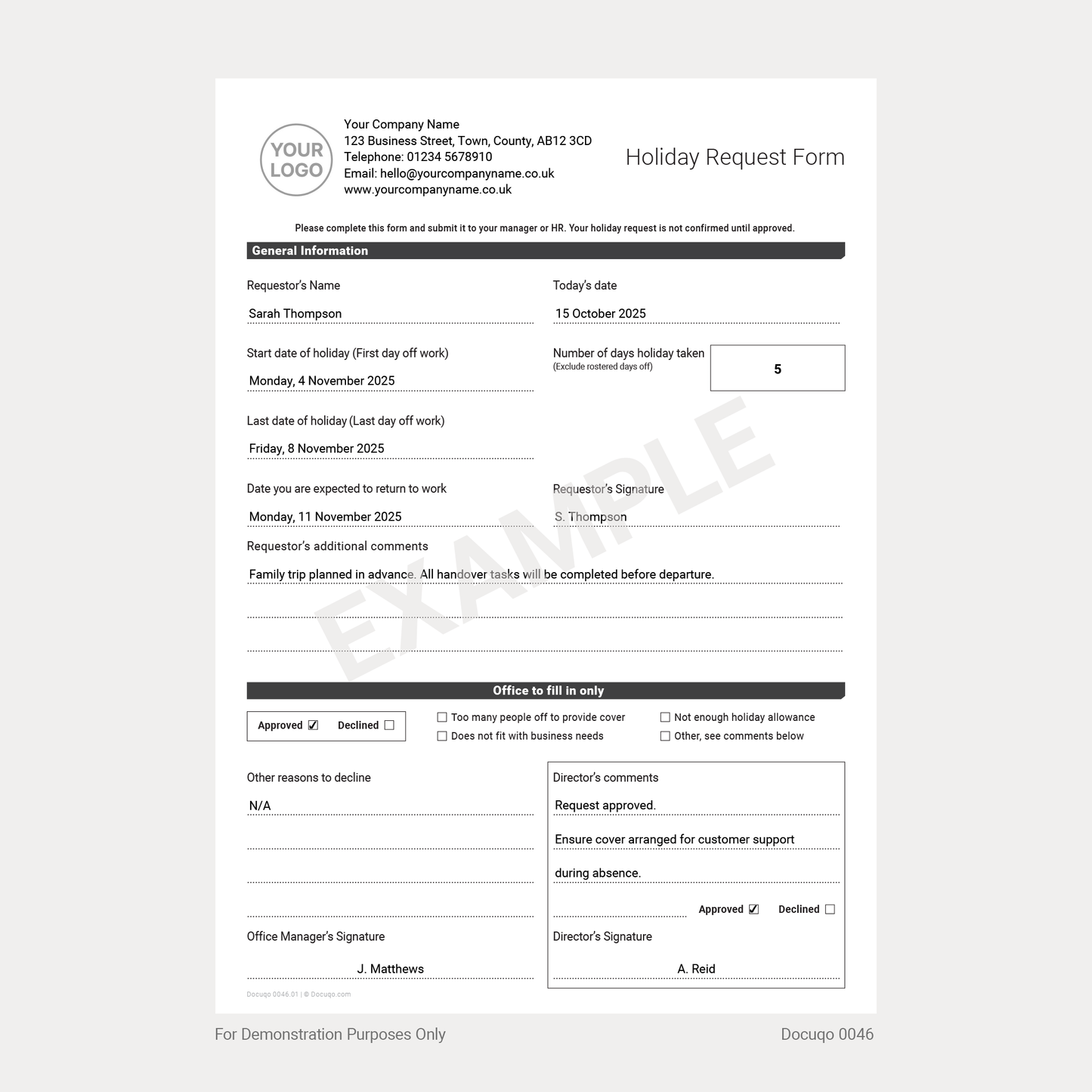 Example Employee Holiday Request Form Template – UK, A4 Fillable PDF (Docuqo 0046)