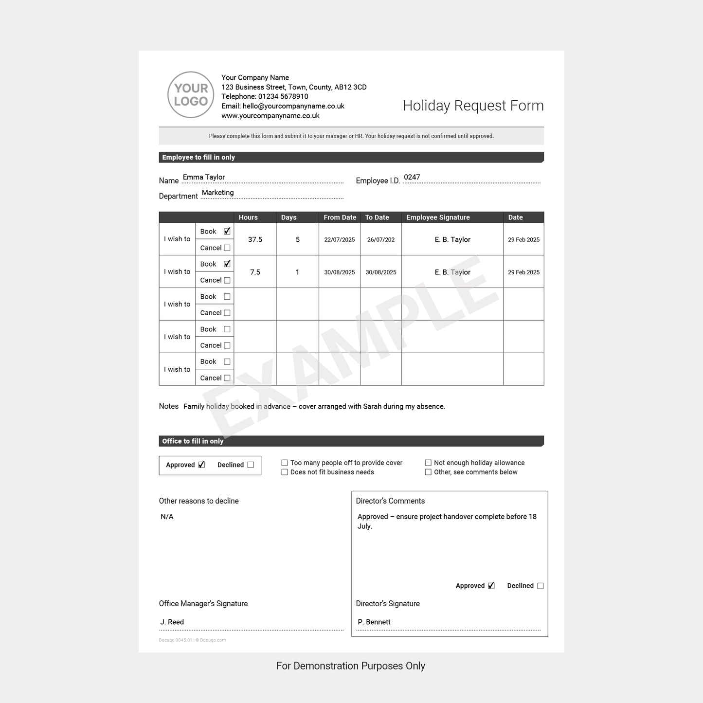 Holiday Request Form UK Template, A4 Fillable PDF Example Employee Leave Template