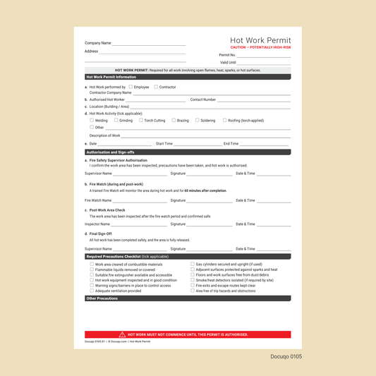 Hot Work Permit Template UK | Fillable PDF Fire Safety Permit – Docuqo 0105
