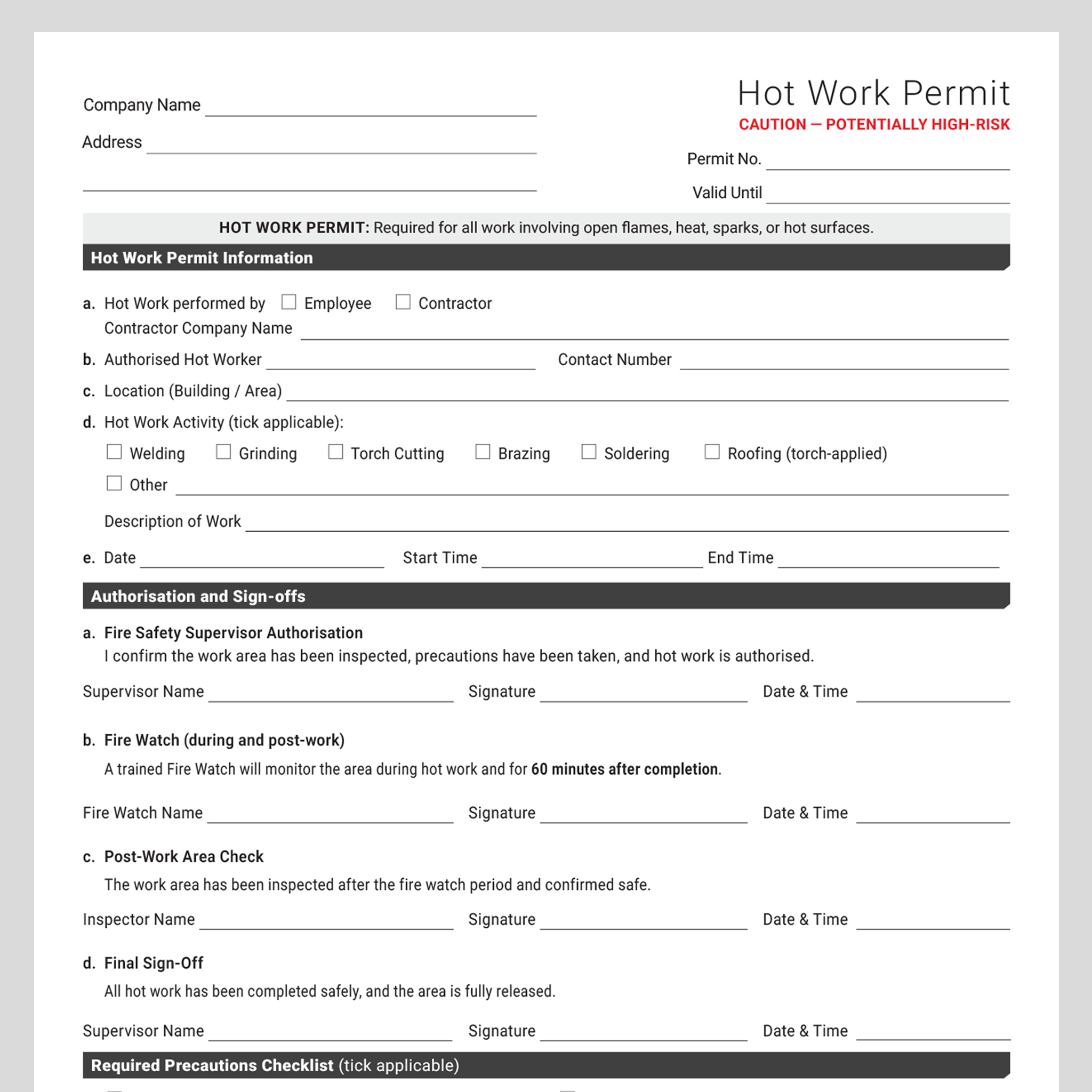 Hot Work Permit Template UK Fillable Fire Safety Permit Docuqo 0105