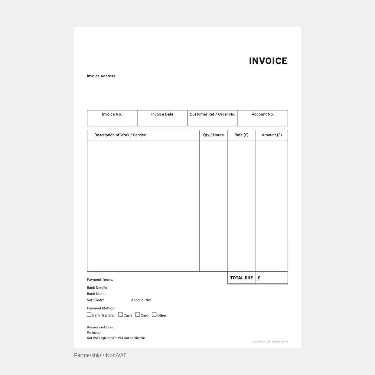 General Business Invoice Template Complete UK Pack – VAT & Non-VAT A4 Fillable PDFs for Ltd, Partnership & Sole Trader (Docuqo 0042)