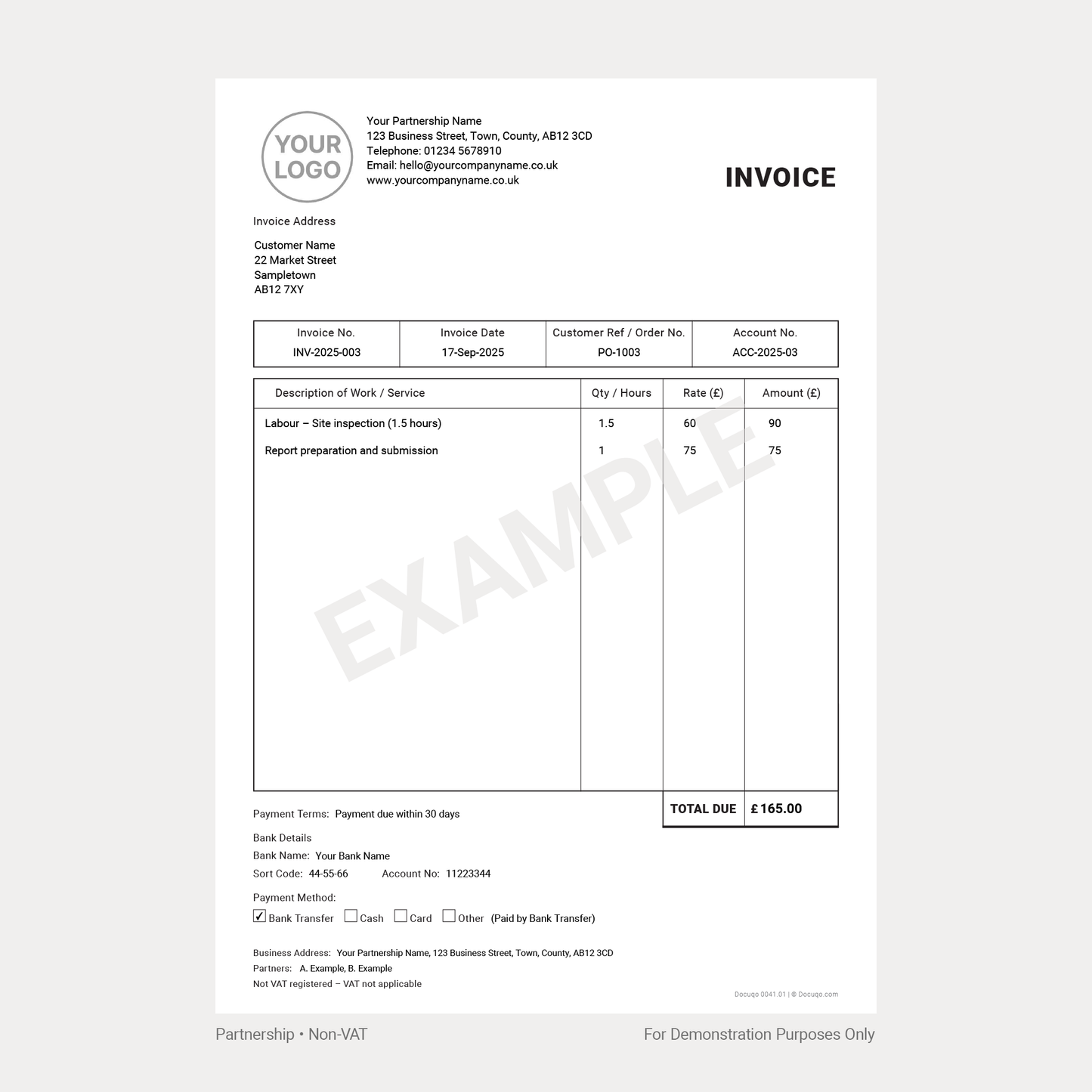 General Business Non-VAT Invoice Template Pack UK – A4 Fillable PDFs for Limited Company, Partnership & Sole Trader (Docuqo 0041)