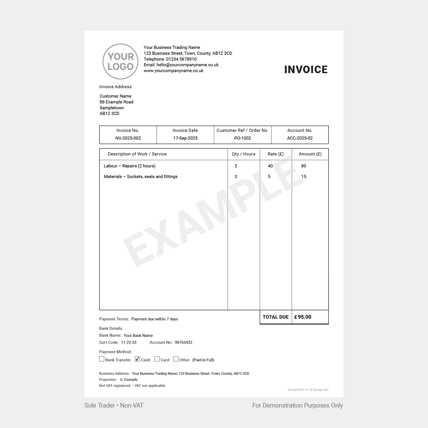General Business Invoice Template Complete UK Pack – VAT & Non-VAT A4 Fillable PDFs for Ltd, Partnership & Sole Trader (Docuqo 0042)
